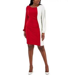 Kasper Womens Size Medium Quinn Colorblocked Split-Sleeve Dress Red/Cream FLAW